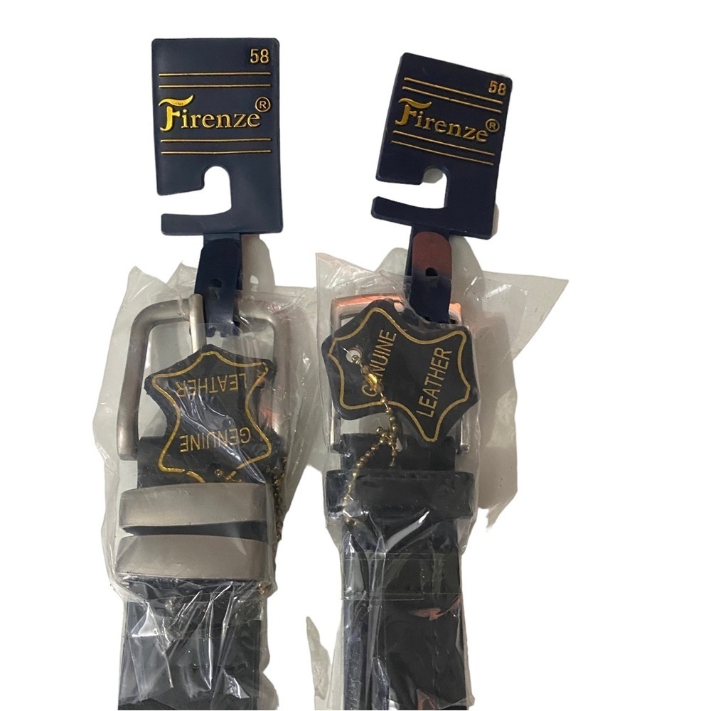 2 Firenze Black Genuine Leather Belts 1 Flat Wide and 1 Tack Stitch Men 58 NWT